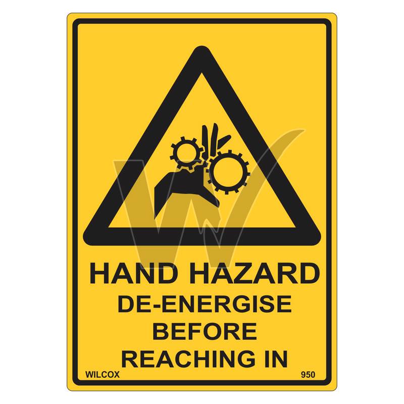 Warning Sign - Hand Hazard De-Energise Before Reaching In